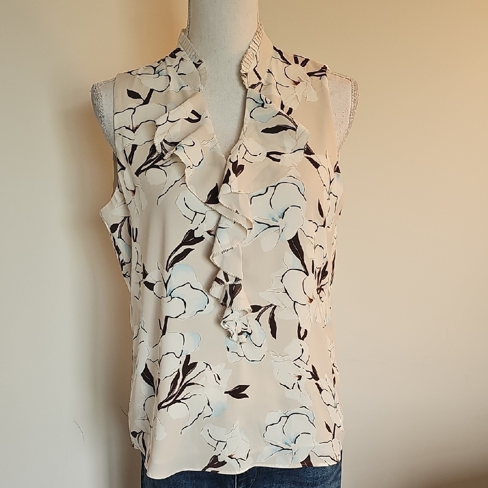 White House Black Market Floral Ruffle Blouse - Cream and Black